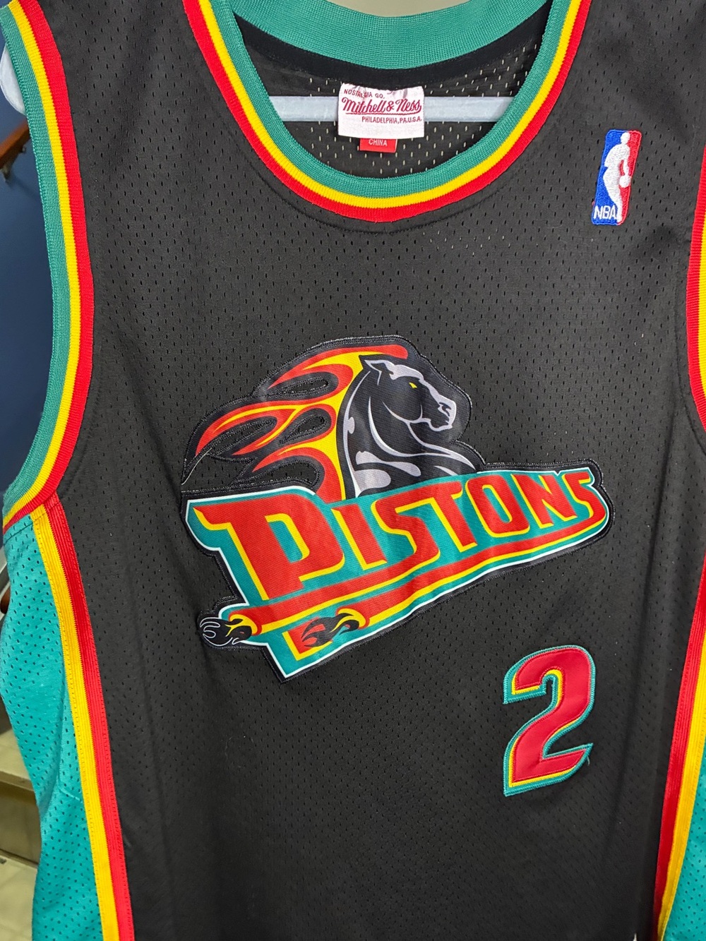 Mitchell & Ness Black Teal Red Yellow Detroit Pistons #2 Retro Jersey